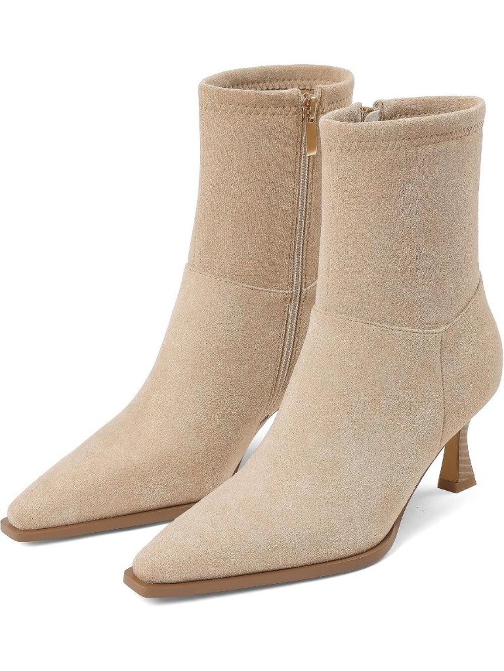 Women's Beige Ankle Boots Kitten Heel Booties Short Boots Pointed Toe Pull On